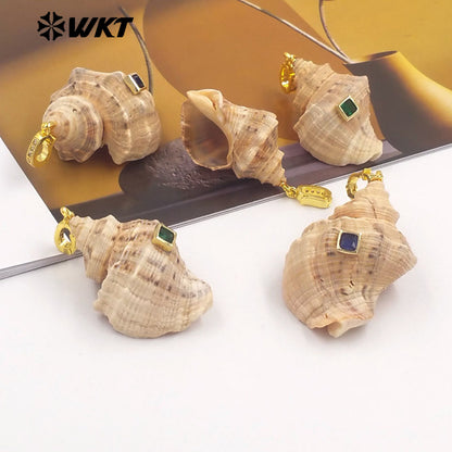 WT-JP482 Good Quality Bohomia Style Square Shape Zircon And Natural Trumpet Shell Gold Pendant For Fashion Necklace DIY Design