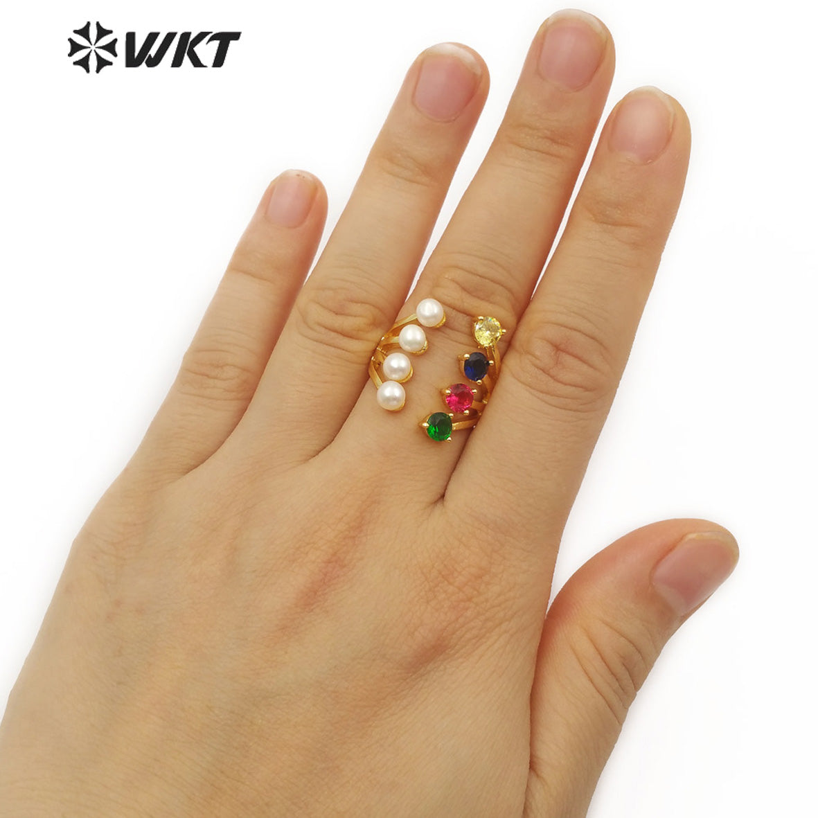 WT-MR005 Wholesale New Design Fashion Four Freshwater Pearls and Four Red Yellow Blue Green Cubic Zircon Ring Multicolor Ring