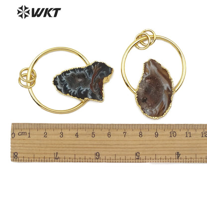 WT-P1455 Wholesale Natural Druzy Geode Agate Pendant with Golden Circle Women Necklace Ornaments Jewelry
