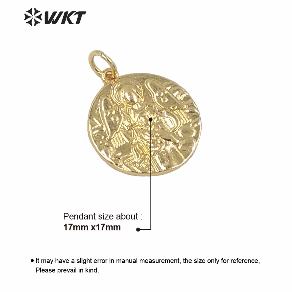 WT-MP150 Unique Full Gold Electroplated Yellow Brass Metal Base Round Tiny Coin Pendant Hot Gold Women Fashion Christian Angel
