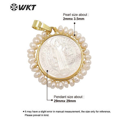 WT-JP257 Wholesale Handmade Wire Wrapped with Pearl Our Blessed Joseph of Cupertino Jewelry Pendant Gold Savior Cross Pendant