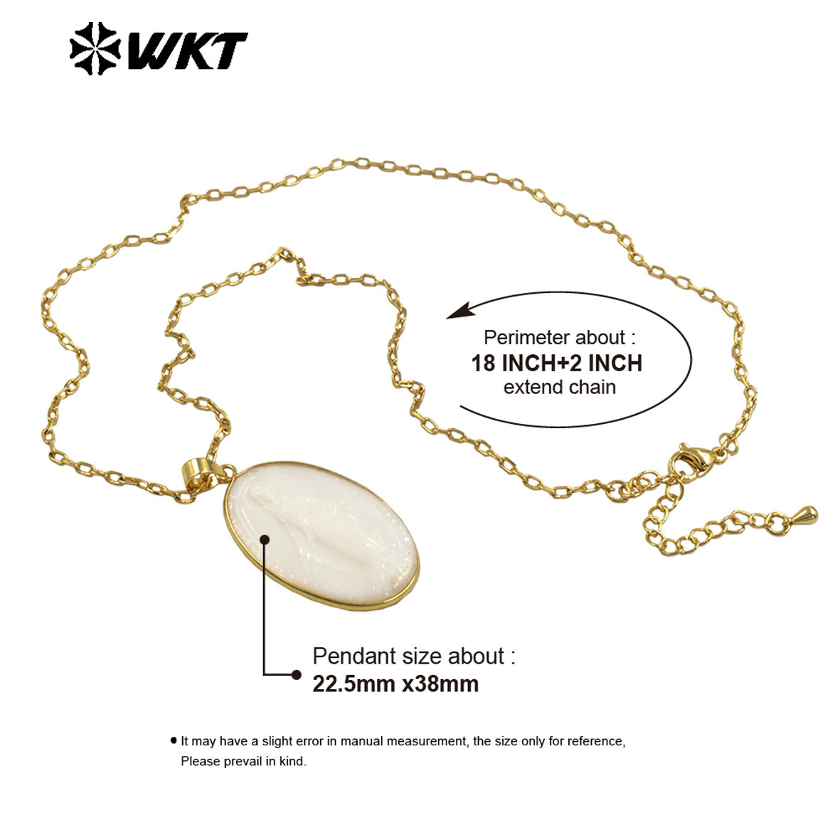 WT-JN315 New Hot Style Fashion Gold Plated Bezel Setting White Shell Carved Virgin Mary Pendant Necklace For Gift