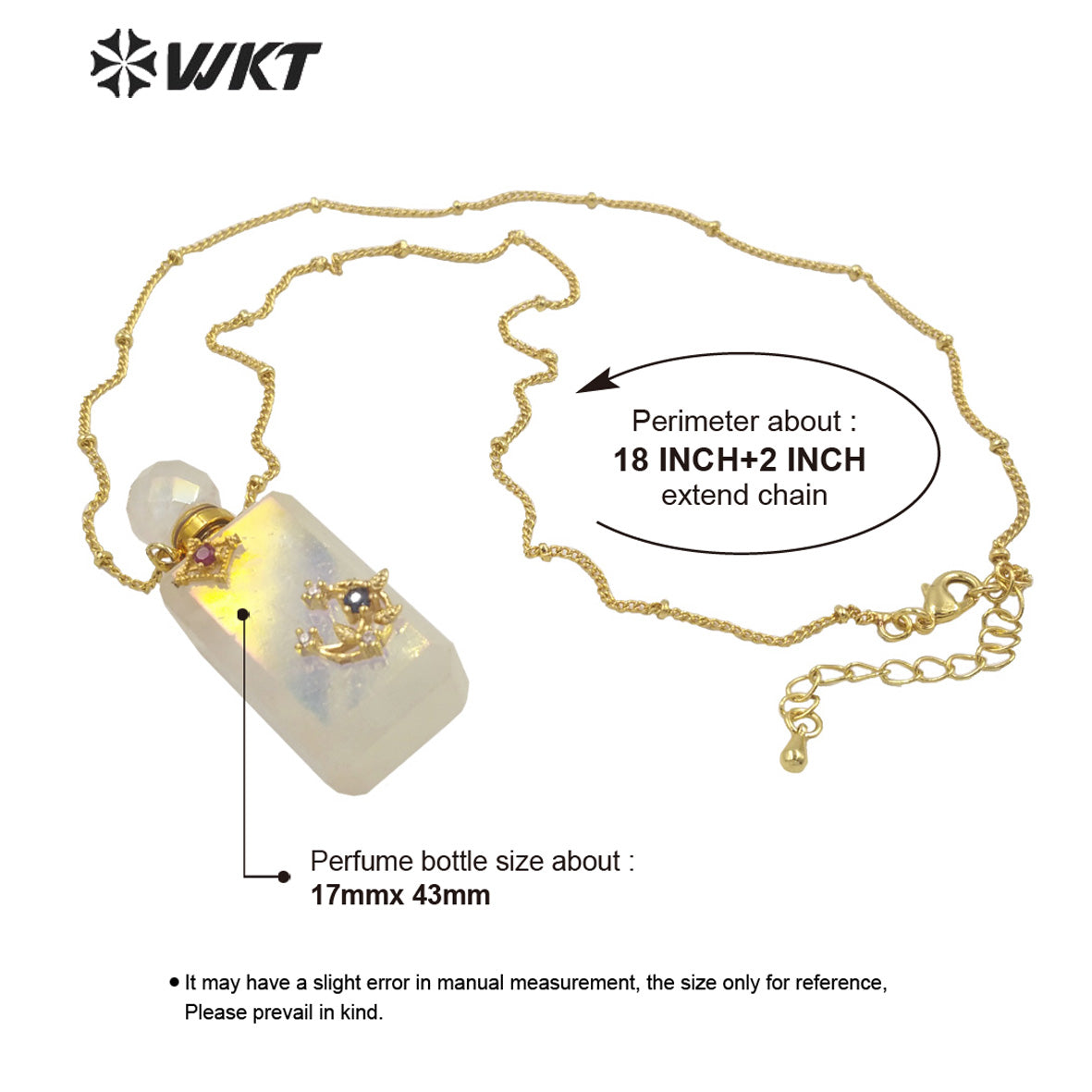 WT-N1352 WKT Shine and Bright Natural Stone Aura Quartz Perfume Bottle Necklace Beautiful Jewelry Pendant Chain Jewelry Wedding