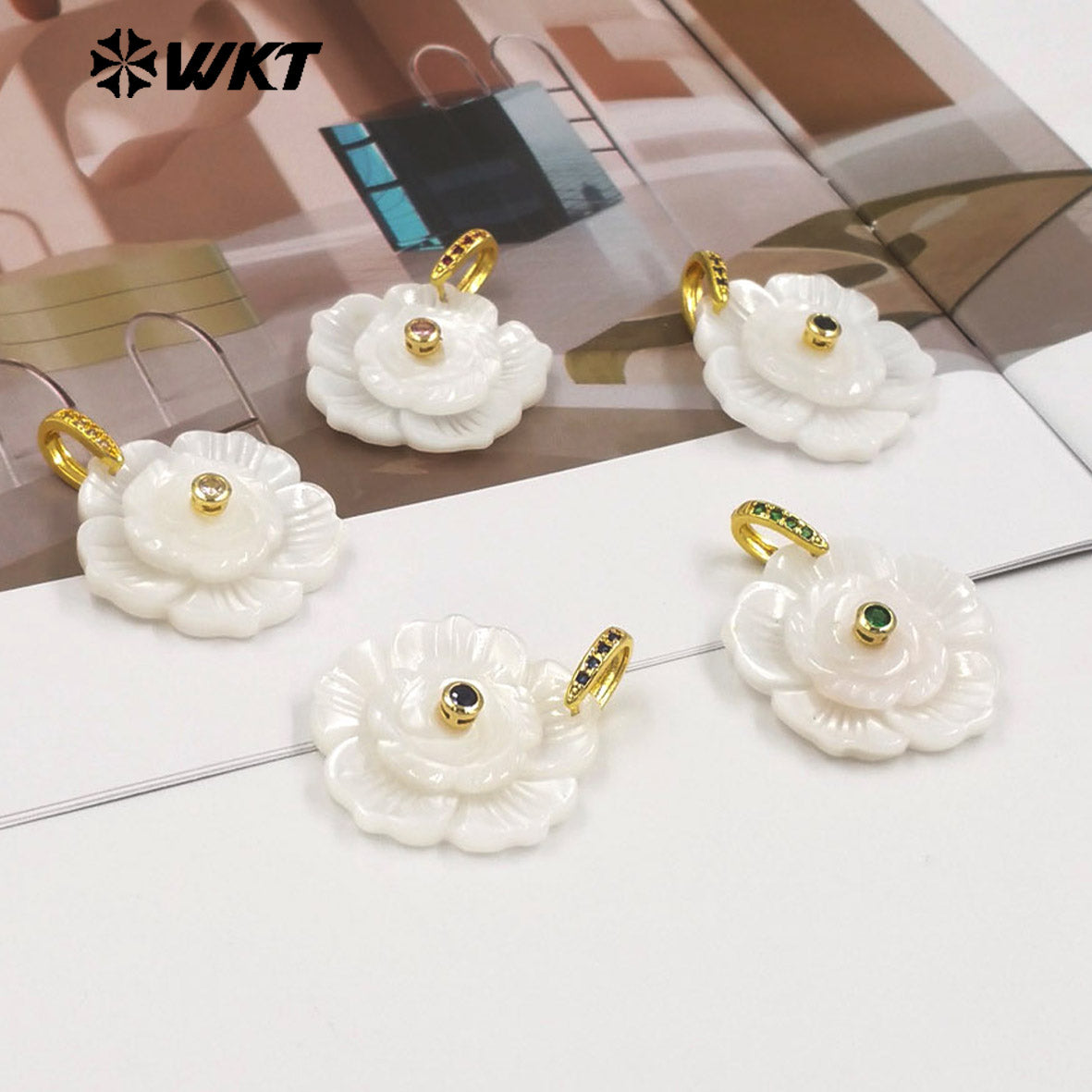 WT-JP476 Exquisite Elegant Design White Shell And Zircon Hand Carved Flower Shape Little Pendants As Lady Earrings DIY Findings