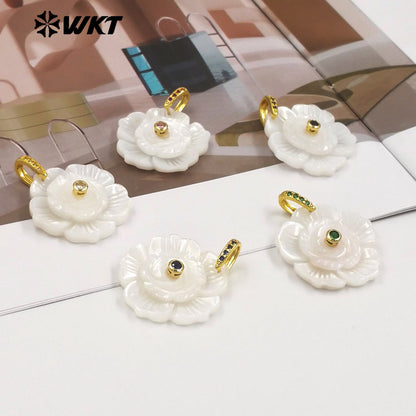 WT-JP476 Exquisite Elegant Design White Shell And Zircon Hand Carved Flower Shape Little Pendants As Lady Earrings DIY Findings