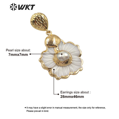 WT-E592 Newest White Flower Dangle Earring With Natural Pearl Charm Fashion Women Natural White Shell Earring