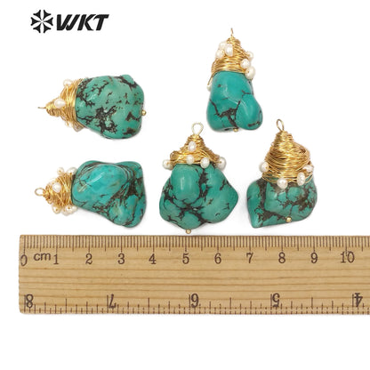 WT-P1444 Natural Stone Necklaces Pendant With Copper Wire Charm White Beads Embellishment Green Pendant Turquoise Pendant