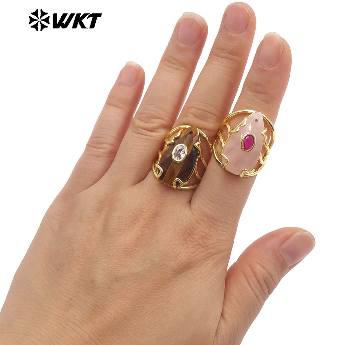 WT-R613 Wonderful Gold Plated Round Zircon And Various Natural Gemstones Waterdrop Shape Rings For Women Dance Party Matching