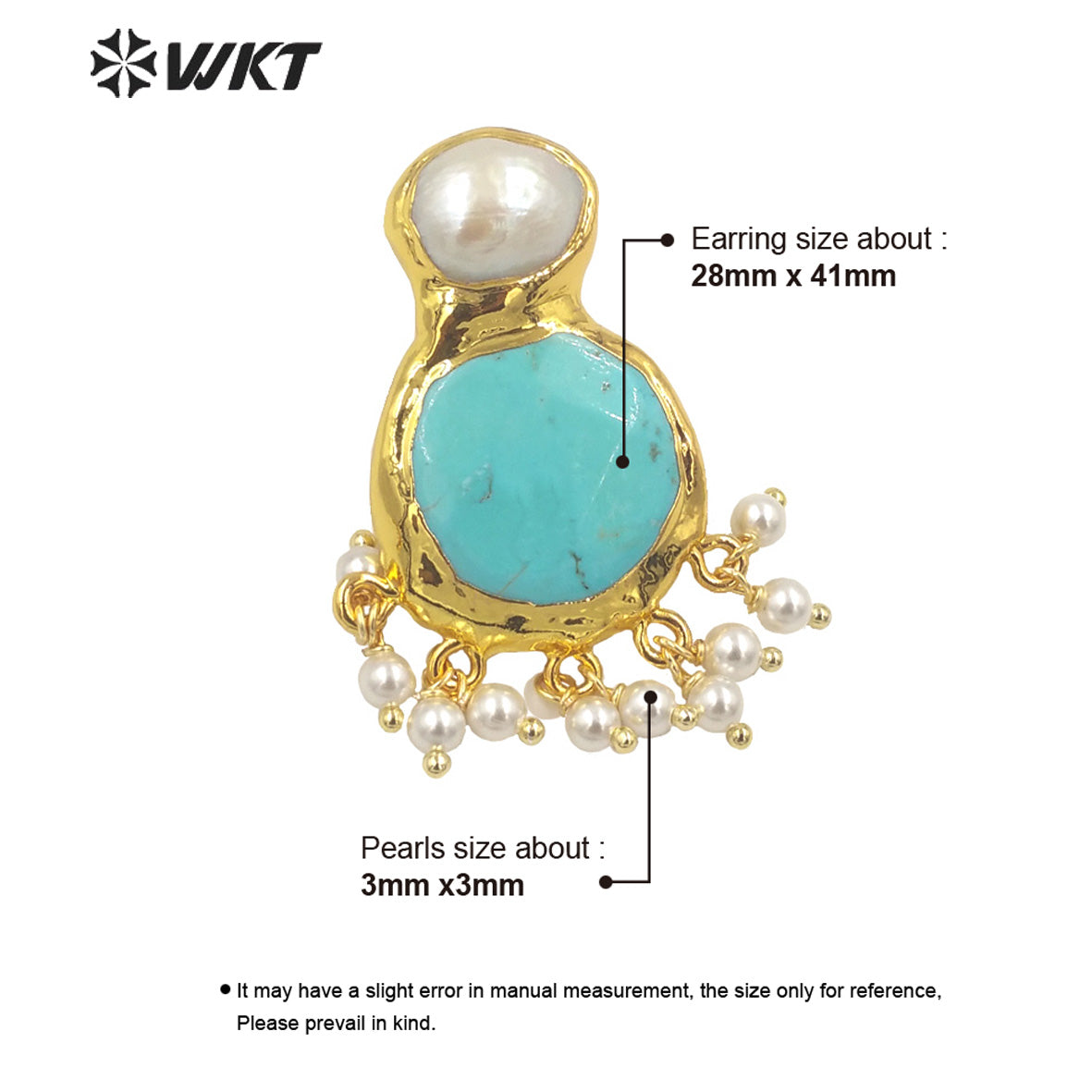 WT-MPE117 Elegant Vintage Women 18K Gold Plated Round Faceted Turquoise With Dangling Tiny Beads Pearl Earring Studs