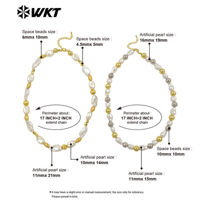 WT-JN293 Wholesale Hot Sale 16 Inch Flat and Round Artificial Pearl Gold and Silver Necklace Temperament Jewelry for Party Dress