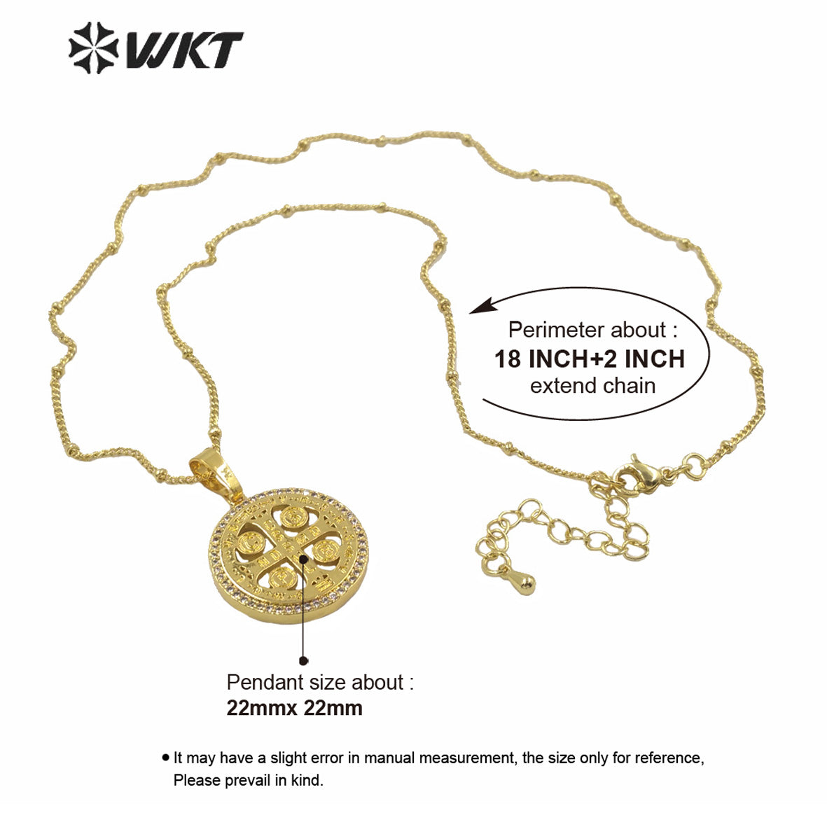 WT-MN969 Wholesale Fashion Gold Electroplated Religious Metal Cross Necklace with Zircon Setting Around Round Christian Cross