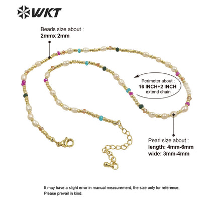 WT-JN222 INS HOT Trendy Colorful Tiny Stone Beads Necklace 16inch Elegant Lady Pearl Gold Beads Choker Necklace for Gift