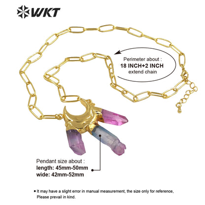 WT-N1251Wholesale New Rainbow Colorful Aura Quartz Statement Stone Necklace Fashion Triple Color Quartz Pendant Stone Necklace
