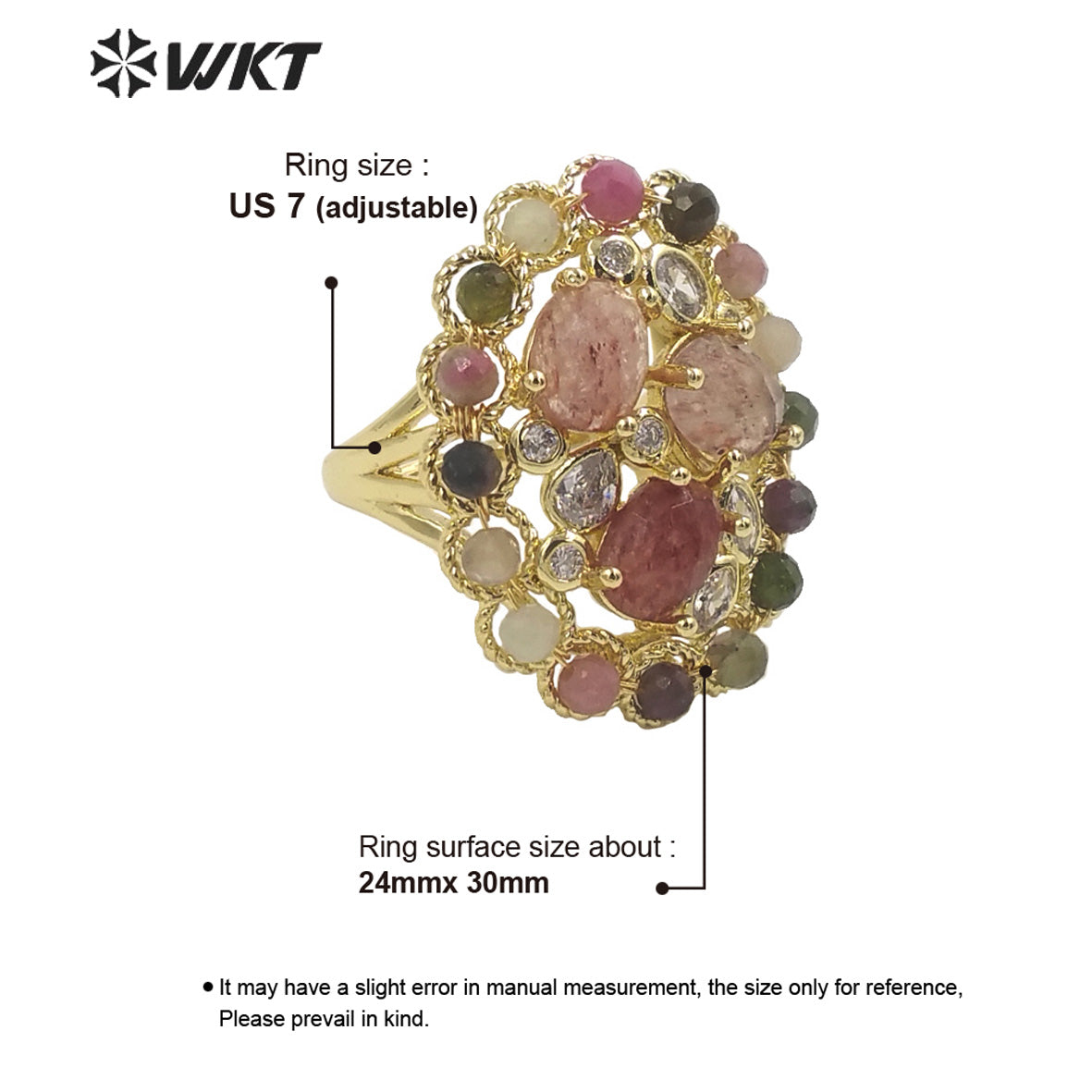 WT-R457 WKT New Design Fashion Gold Bezel Natural Stone by Claw Setting Ring Gorgeous Big Multi Real Stone Women Ring