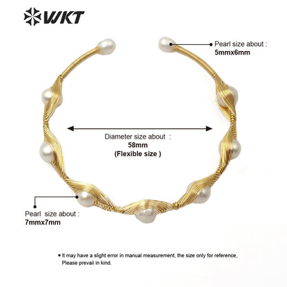 WT-B502 New Hot Sales Copper Wire Wrap Around Pearl Bangle Natural Pearl Bangle Women Fashion Charm Bracelet Bangle