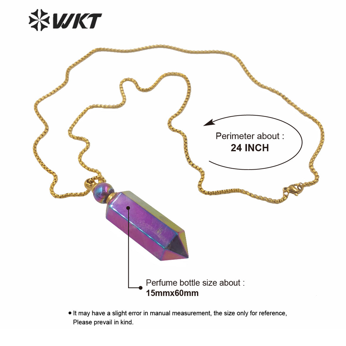 WT-N1260 Wholesale Natural Amethyst Spirit Quartz Point Necklace with Aura Amazing Gold Steel Stone Point Perfume Necklace
