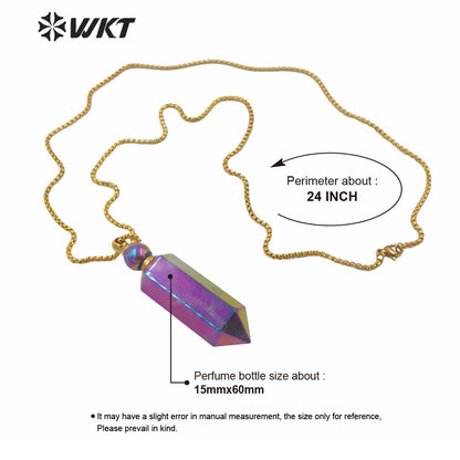 WT-N1260 Wholesale Natural Amethyst Spirit Quartz Point Necklace with Aura Amazing Gold Steel Stone Point Perfume Necklace