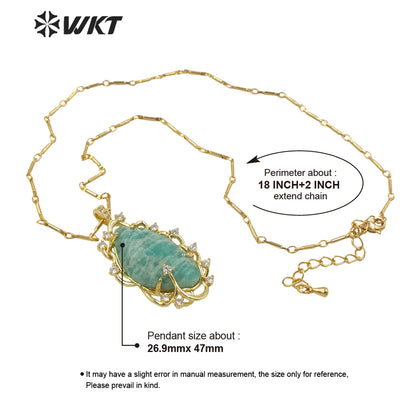 WT-N1351 Wholesale Fashion Gold Plated Natural Gemstone Bezel Setting Pendant Necklace Women Gorgeous Micro Pave Stone Necklace