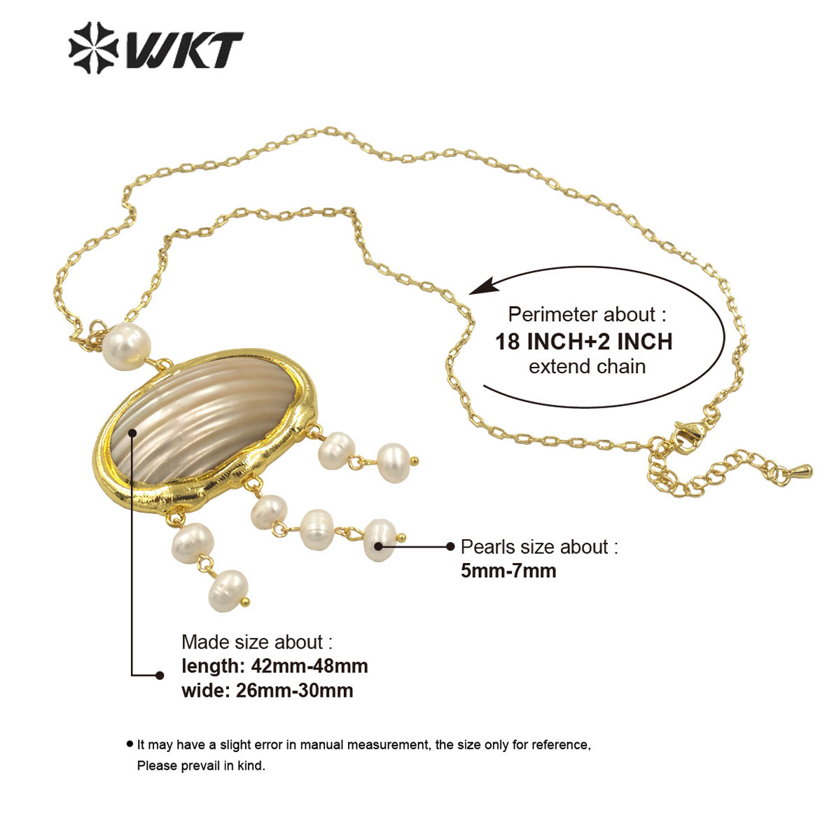 WT-JN262 Wholesale Fashion 18K Gold Plated High Quality Natural Freshwater Pearl and Mabe Shell Dangle Statement Necklace