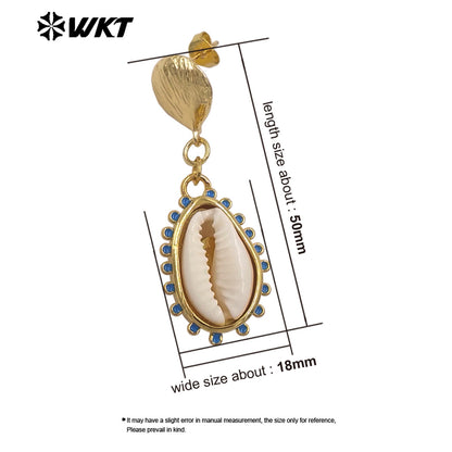 WT-MPE171 Hand Making Bohemian Style Gold Plated Natural Cowrie Shell Earrings For Women Beach Holidays Wearing Jewelry