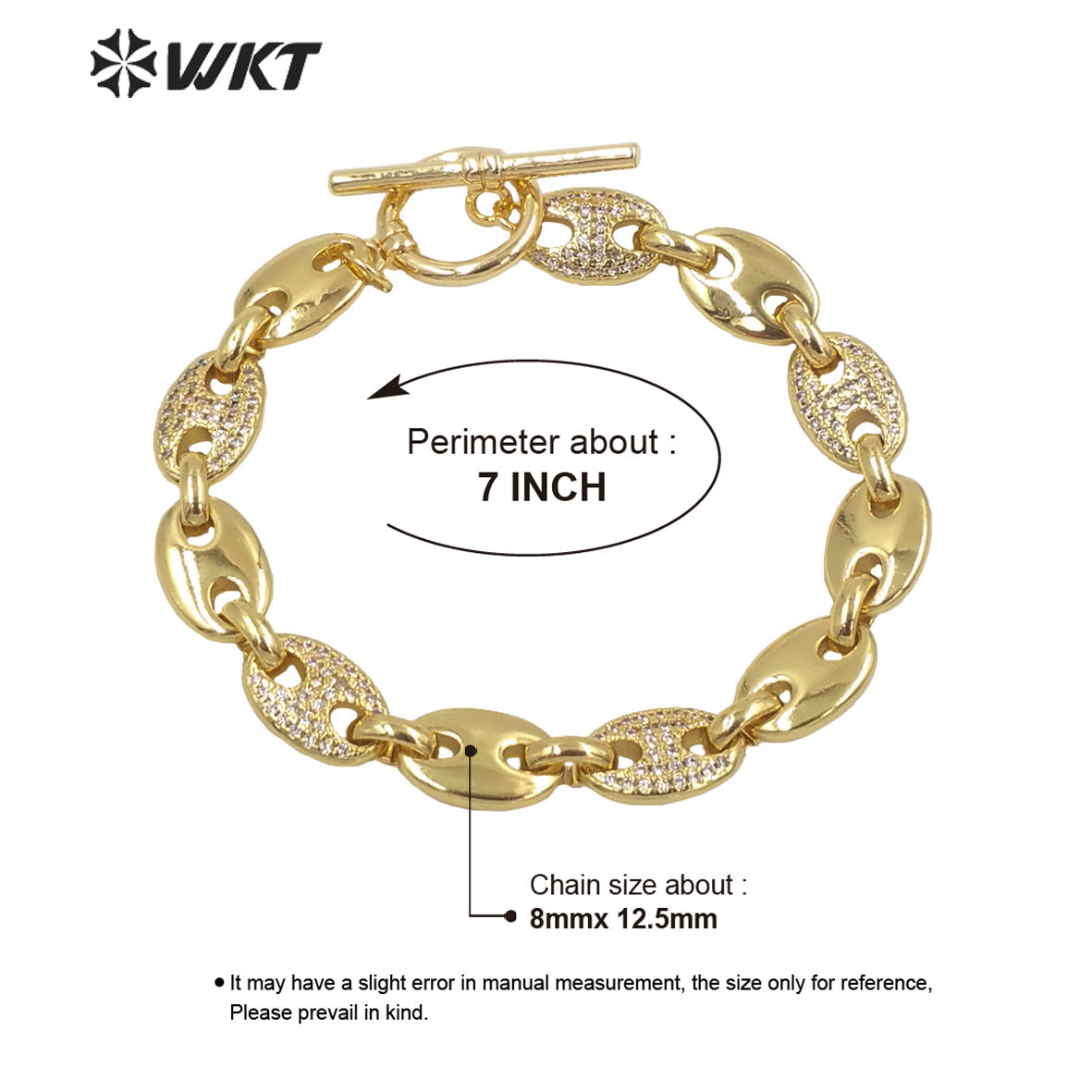 WT-MB119 Wholesale New Coffee Bean Cubic Zircon Chunky Chain Bracelet Europe 18k Real Gold Plated Big Chain Metal Bracelet