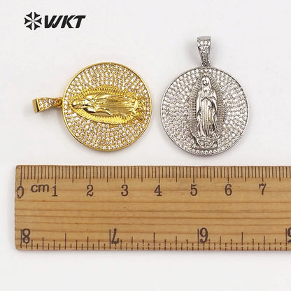 WT-MP106 New Arrival Gold or Silver Color for Women Virgin Mary Medallion Pendant Round Shape Dainty Cubic Zirconia Pave Pendant