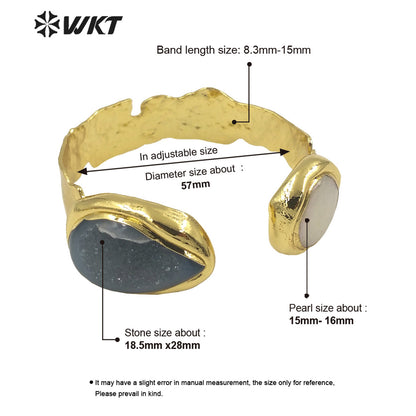 WT-B653 Wholesale New Gorgeous Natural Teardrop Druzy Geode Agate and Real Pearl Bangle in Adjustable With 18k Gold Plated