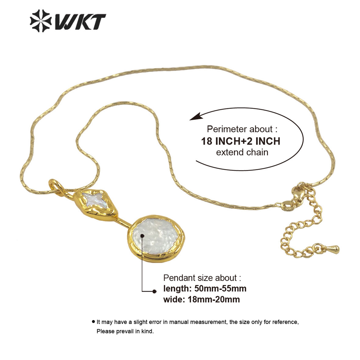 WT-JN261 WKT Newest Design 18K Real Gold Plated Resist Tarnishable Natural Freshwater Pearl Pendant Necklace With 18 Inch Chain