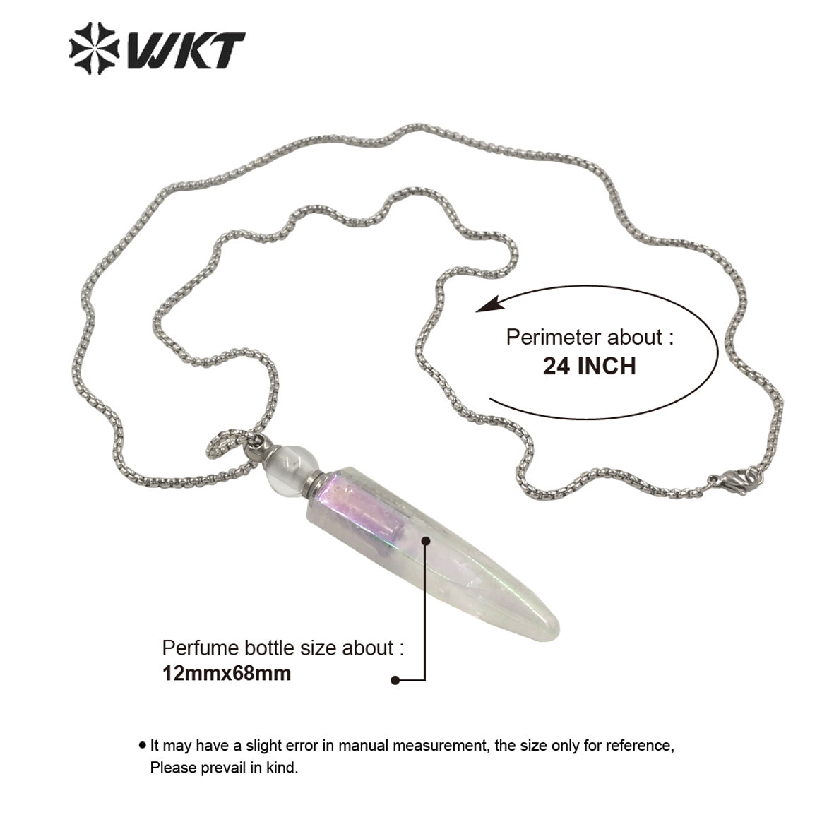 WT-N1259 Steel Amazing Natural Aura Crystal Quartz Point Perfume Bottle Necklace Unisex Aura Spirit Quartz Stone Perfume Bottle