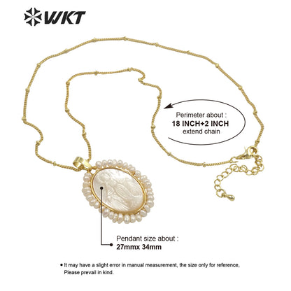 WT-JN156 Newest Charming Tiny Pear Handmade Wire Wrapped Gold Bezel Virgin Mary Shell Necklace Religious White Shell Necklace