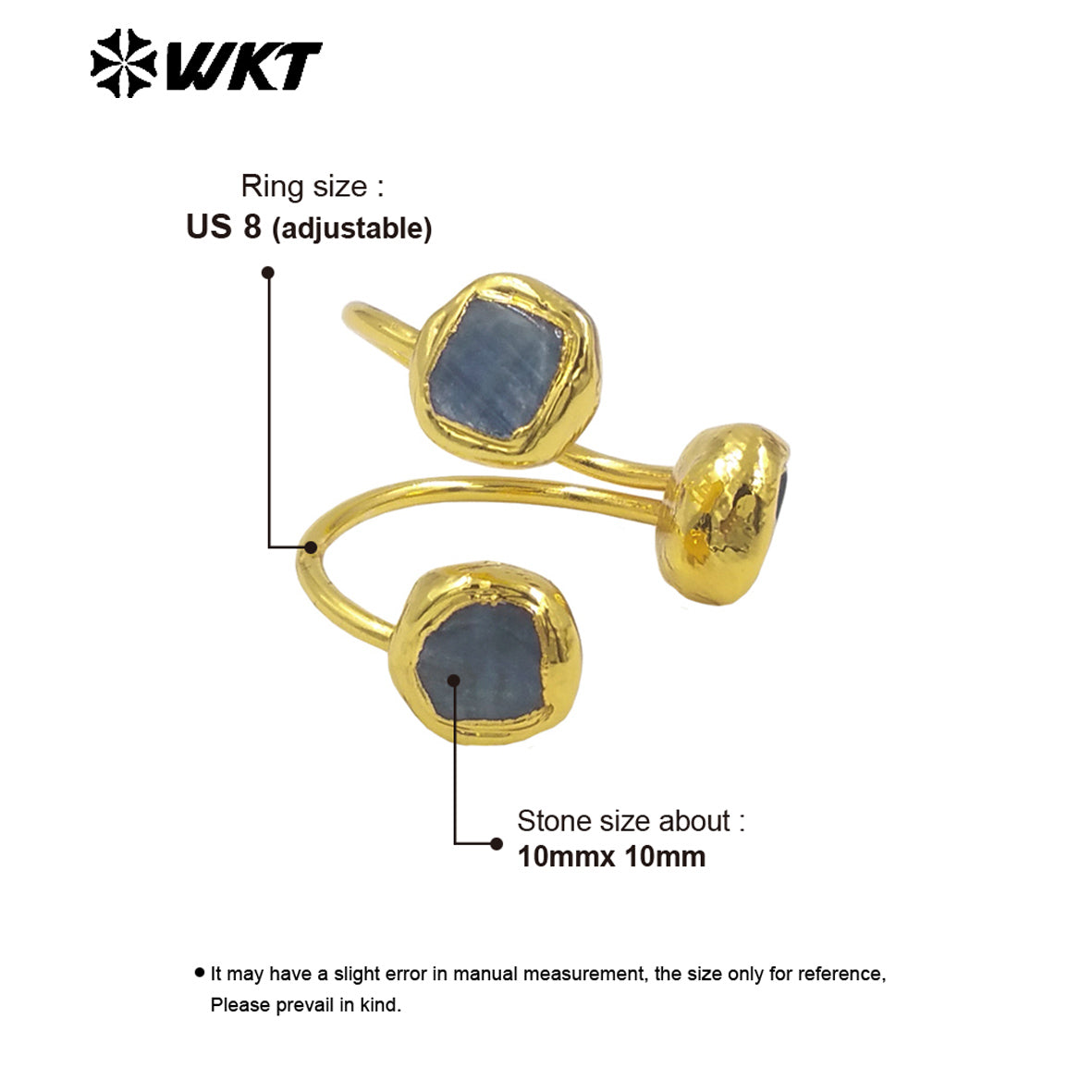 WT-R531 Wholesale Fashion 18K Gold Plated Resist Tarnishable Triple Blue Kyanite Stone Ring for Women Precious Energy Gift