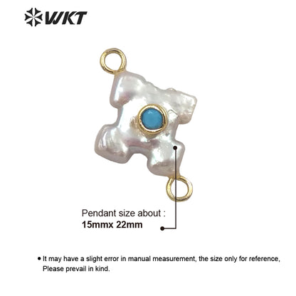 WT-JP252 WKT NEW Natural Freshwater Pearl Cross Pendant Fashion Gold Simple Cz Charm Double Loops Connector As Jewelry Findings