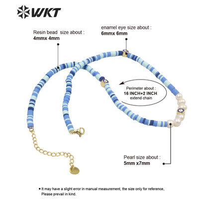 WT-JN200 Amazing Women 4mm Beads Blue Turkey Eye Necklace Bohemian Pearl Eye Chocker Resin Beads Necklace in 16 INCH