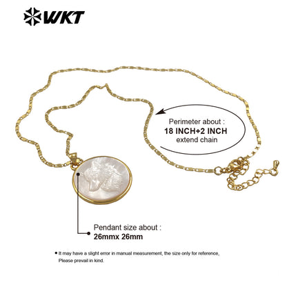 WT-JN352 High Quality Gold Plated Thin Chain With Round MOP Shell Hand Carved Wolf Pattern Pendant Necklace As Daily Jewelry
