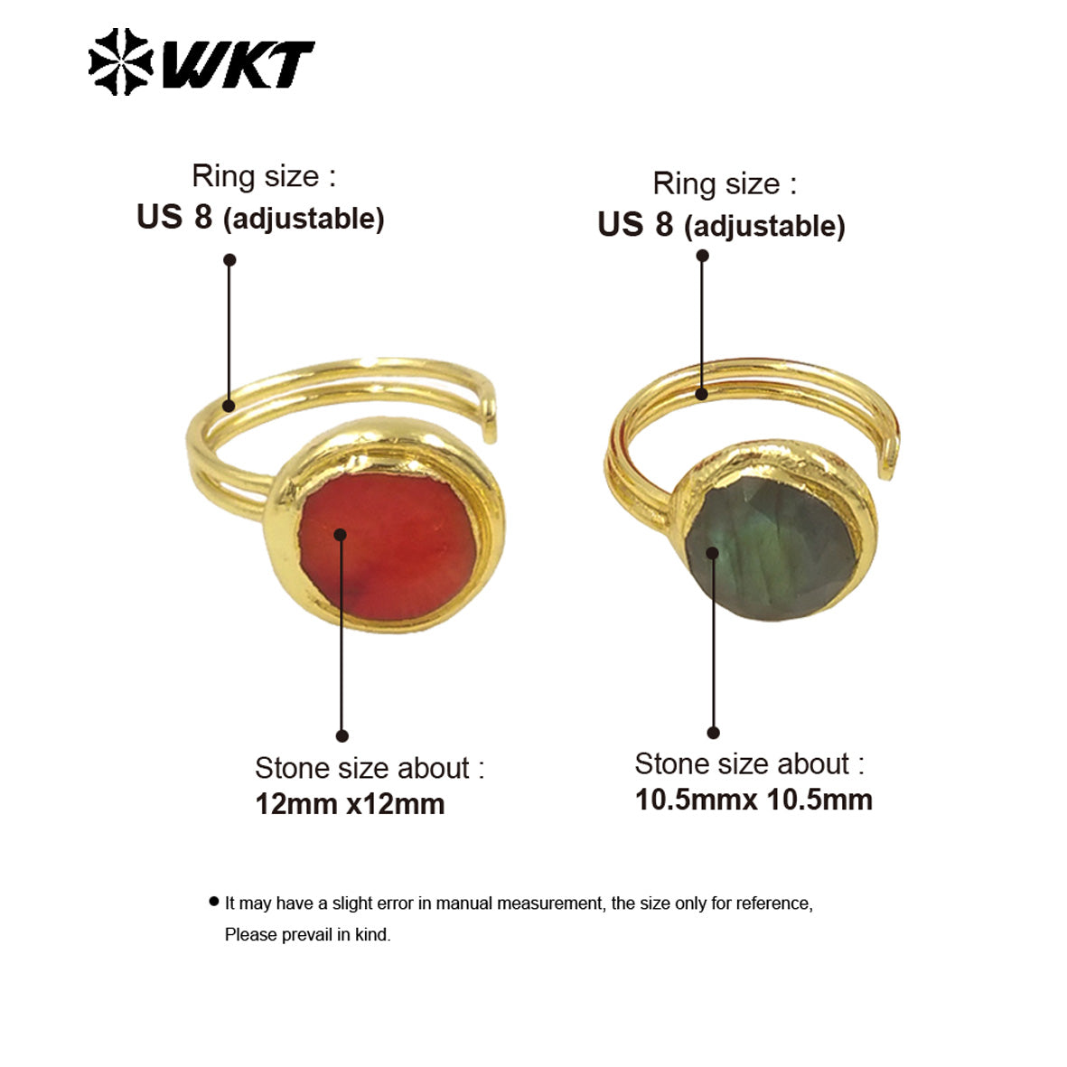 WT-R556 Wholesale 18K Gold Plated Round Red Coral and Black Labradorite Open Size Unisex Ring for Friends As Birthday Gifts