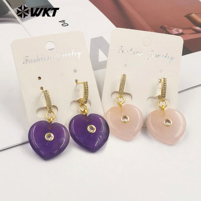 WT-E810 Romantic Style Gold Plated Zircon And Various Natural Gemstones Heart Shape Women Earrings For Cute Jewelry Decoration