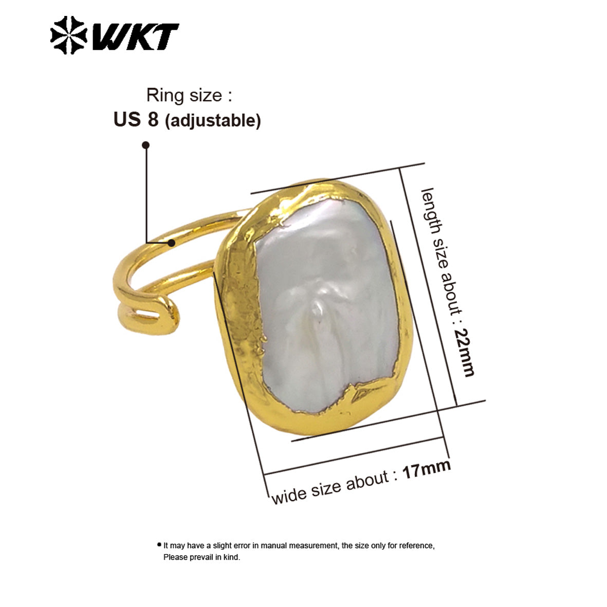 WT-MPR167 Simple Popular Gold Plated Natural Freshwater Pearl Square Ring Adjustable Size For Lady Elegant Style Accessory