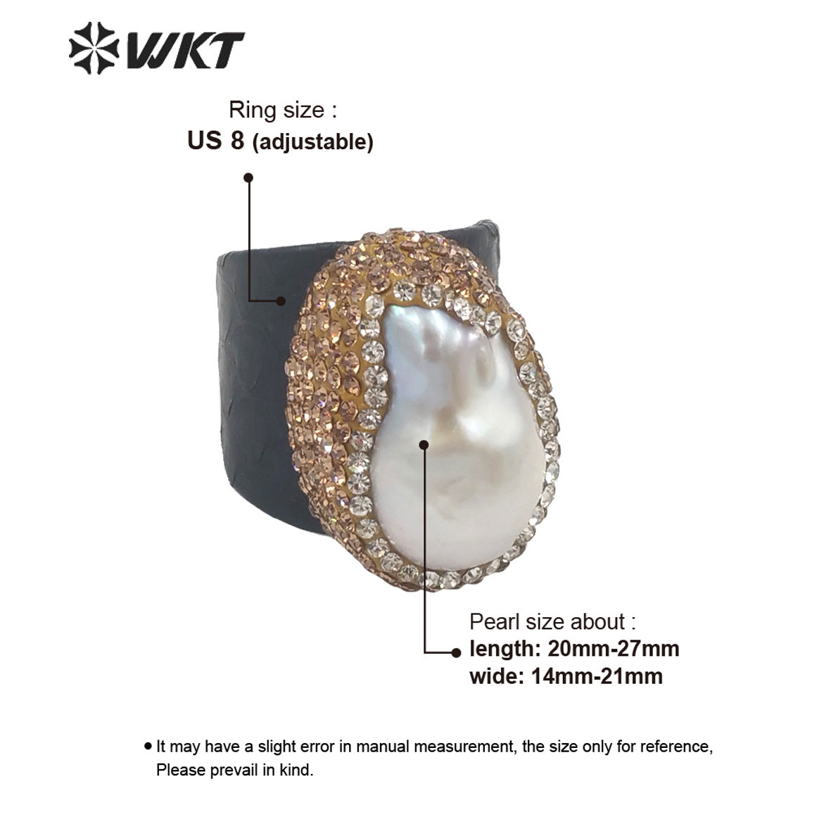 WT-MPR040 Wholesale Fashion Baroque Pearl Ring With Genuine Leather Gorgeous Dubai Style Precious Women Diamond Ring for Party