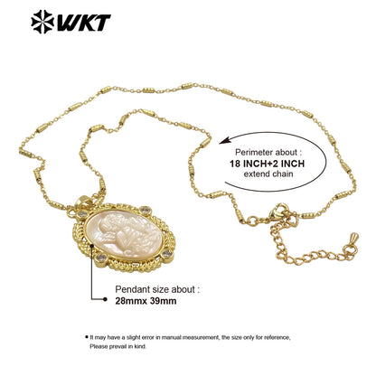 WT-JN273 Amazing 18K Real Gold Plated Resist Tarnishable Oval Shape Handmade Energy Shell Carved Angel Religious Necklace