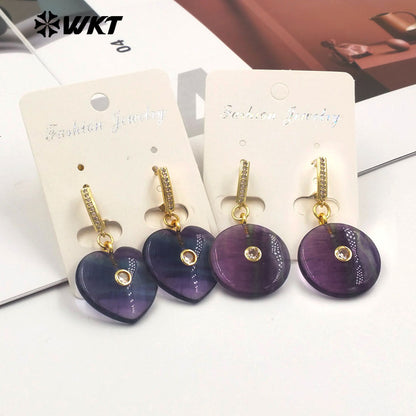 WT-E808 Lovely Gold Plated Natural Rainbow Fluorite Stone Heart Round Shape Earrings For Girlfriend Valentine's Day Gifts