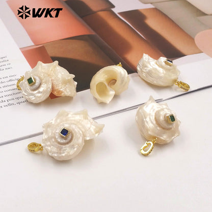 WT-JP475 New Arrival Vintage Style Zircon And Natural Trumpet Gold Pendants For Women Earrings Necklace Jewelry Making