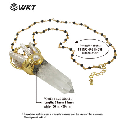 WT-N1265 Wholesale Fashion Gold Electroplated White Crystal Quartz Point Stone Necklace Lady Big Stone Energy Pearl Necklace