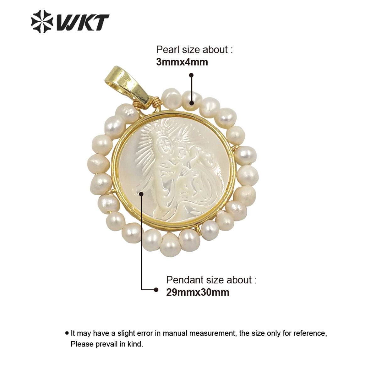 WT-JP262 Fashion Gold Amazing Handmade Wire Wrapped Tiny Pearl Charm Shell Pendant Gold Bezel Virgin Mary and Jesus Religious