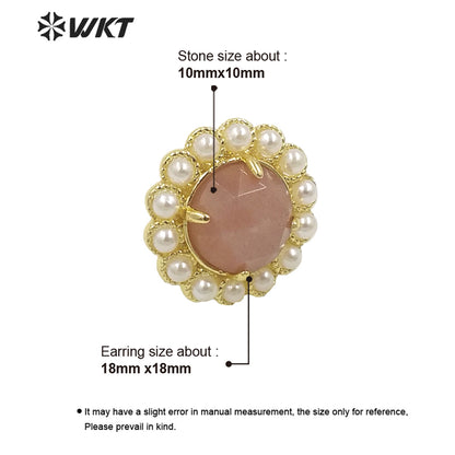WT-MPE121 Wholesale Fashion Gold Plated Round Pearl Setting with Claw Gorgeous Natural Sun Stone Earring Studs