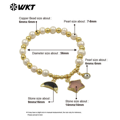 MPB127 High Quality Lovely Pearl Bracelet With Moon and Star Stone Charms Gold Electroplated for Ladies Jewelry Accessories