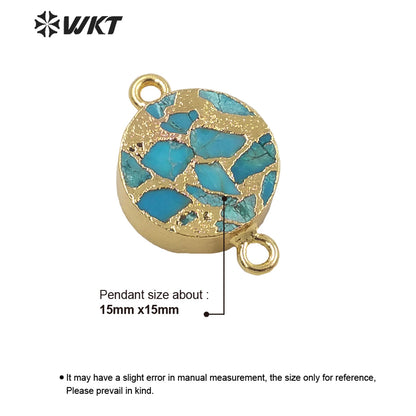WT-C300 WKT Newest Natural Copper Turquoise Stone Connectors for Jewelry Bracelet and Necklace Double Loops Round Stone Pendant