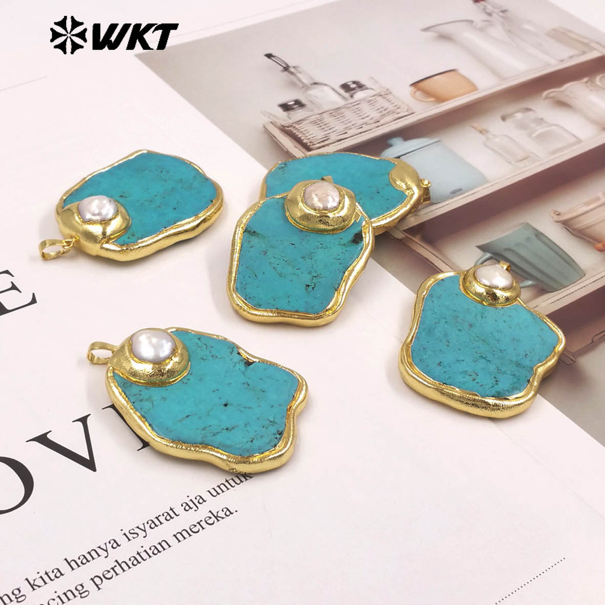 WT-JP517 Good Quality 18K Gold Electroplated Natural Pearl And Irregular Turquoise Stone Pendant For Women Handmade Jewelry DIY