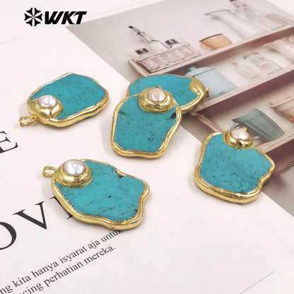 WT-JP517 Good Quality 18K Gold Electroplated Natural Pearl And Irregular Turquoise Stone Pendant For Women Handmade Jewelry DIY