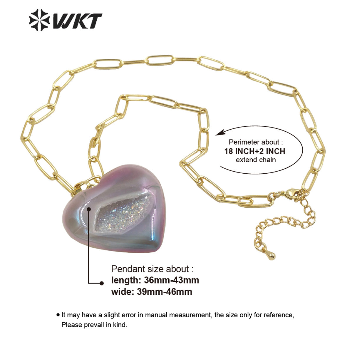 WT-N1394 Wholesale Fashion Gold Simple Grey Geode Agate Heart Stone Necklace Women Long Link Chain with Druzy Stone for Lover