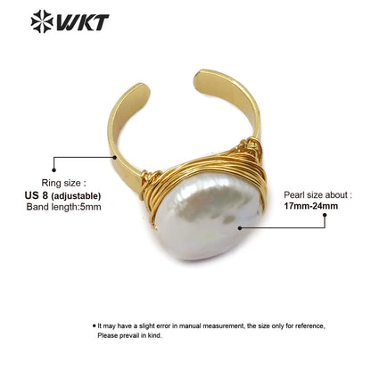 WT-R340 Newest Jewelry Wire Wrapped Pearl Ring Natural Pearl Gold Electroplated Ring Women Fashion Charm Jewelry Ring